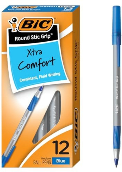 BIC 라운드 스틱 그립 엑스트라 컴포트 블루 볼펜 중간 BIC Round Stic Grip Xtra Comfort Blue Ballpoint Pens Medium Point, 1개, 혼합색상, 1개입