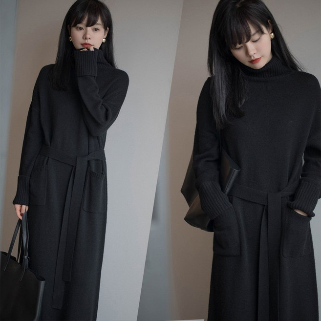 Novastar 여성 가을 겨울 니트 원피스 이너 터틀넥 롱 스웨터 원피스