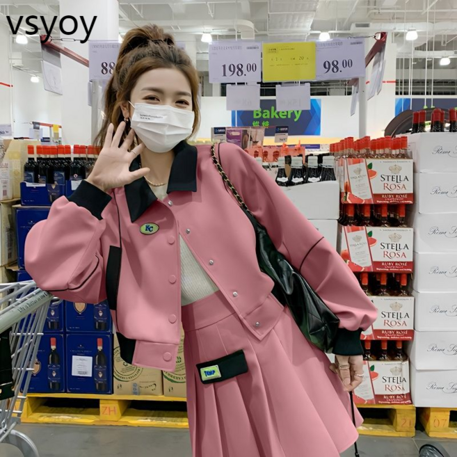 vsyoy 녹색 패션 정장 스커트 여성의 봄과 가을 2023 새로운 작은 학술 야구 정장 플리츠 스커트 투피스 세트