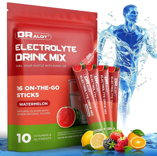 천연 향이 첨가된 드라롯 무설탕 전해질 분말 10가지 및 비타민이 포함된 3배 빠른 수분 공급 패킷 액체 일일 IV 비-GMO 글루텐 프리 케토 비건 16가지 스틱, Watermelon, 1개