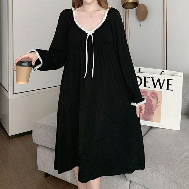 TKX 여성용 봄 가을 긴팔 V넥 잠옷 귀여운 레이스 장식 편안한 소재 무지 베이직핏 빅사이즈 원피스 KS39