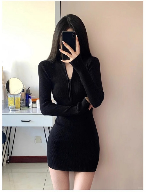 ANYOU 블랙 슬림핏 면 니트 섹시 라인 강조 원피스 봄가을 데일리룩