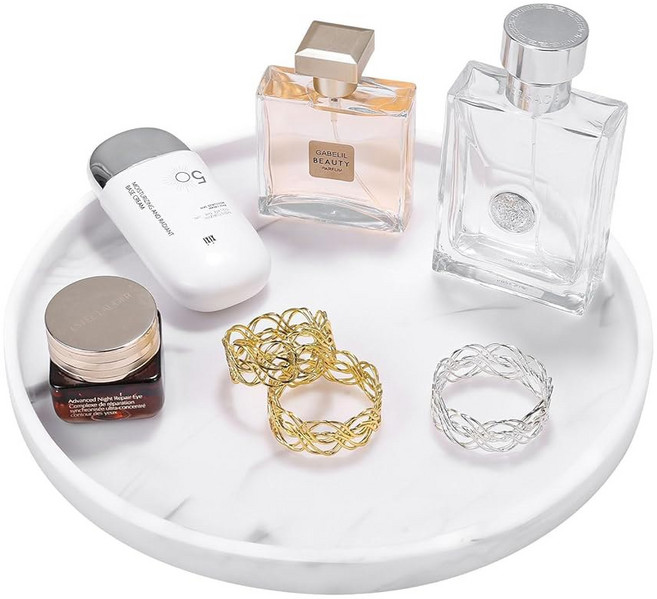 LUXSPIRE 턴테이블 LAZY SUSAN 테이블 상단용 대리석 원형 트레이 27CM 10 5인치 캐비닛 다이닝 주방 식료품 저장실용 회전 욕실 조리대 오거나이저 그래블 화이트, 마블 화이트., 라운드 27cm(10.6인치)