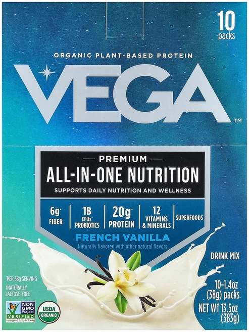 Vega 유기농 식물성 단백질 프리미엄 올인원 뉴트리션 프렌치 바닐라 10팩 각 38g(1.4oz) Vega (베가), 패킷, 38g - 쿠팡