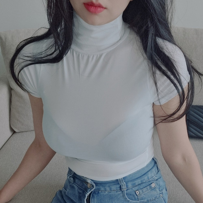 시스루 반폴라 반팔 폴라 목티 반목티 목폴라 여성 여자 티셔츠 티 터틀넥 이너 레이어드 섹시 홀복 파티 클럽 정장 반소매 간절기 가을 겨울 스판 44-66