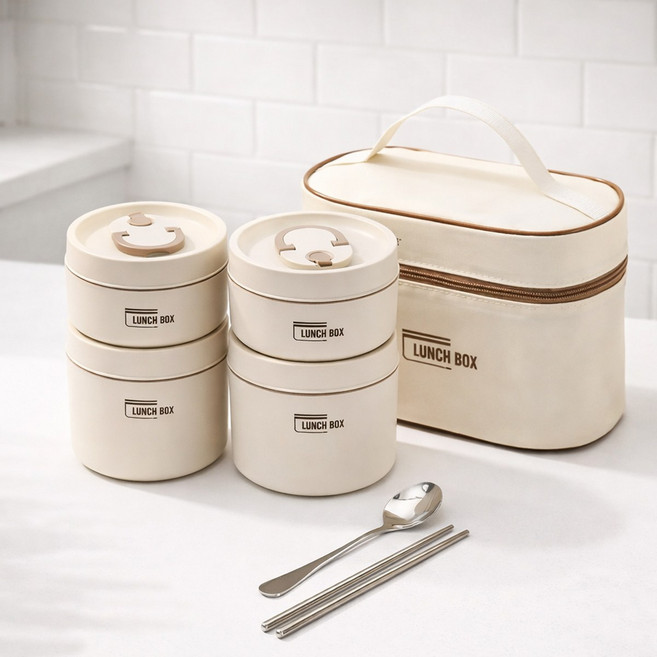 ROYAI ONE 304스텐 도시락통 전자레인지 도시락, 1세트, 베이지 4단