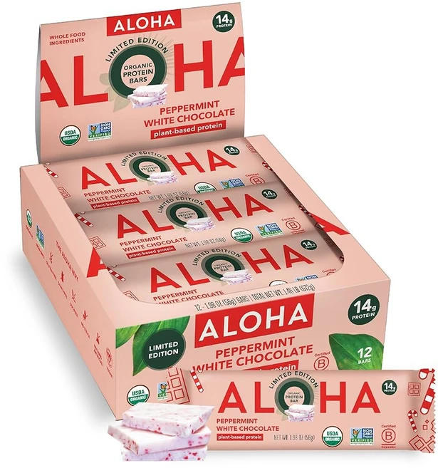 알로하 식물성 단백질 바 초콜릿 민트 1.98온스(12팩), 페퍼민트 화이트 초콜릿, 56g, 12개 - 쿠팡
