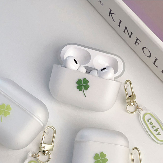 네잎클로버 투명 반투명 물결 키링 에어팟 버즈 케이스, 네잎클로버 진한초록, 무광 케이스, 에어팟 4세대