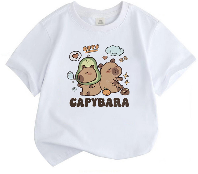 FONOW 키즈티셔츠 귀여운 카피바라 그래픽 주니어옷 편안하고 통기성 좋은 여름 캐주얼 웨어 라운드넥 반팔 티 장난스러운 아보카도와 별 디자인 가족티