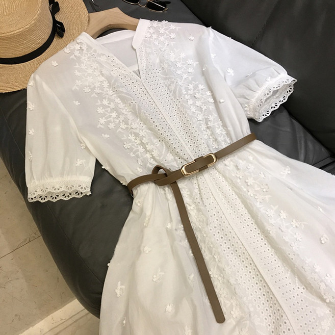 法式立體刺繡白色鏤空洋裝女夏, 白色,XL