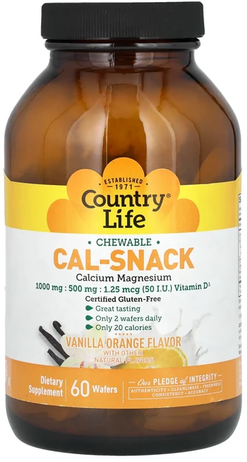 Country Life Cal-Snack 츄어블 칼슘 마그네슘 바닐라 오렌지 웨이퍼 60개, CountryLifeCalSnack츄어블칼슘마그네슘바닐 - 쿠팡