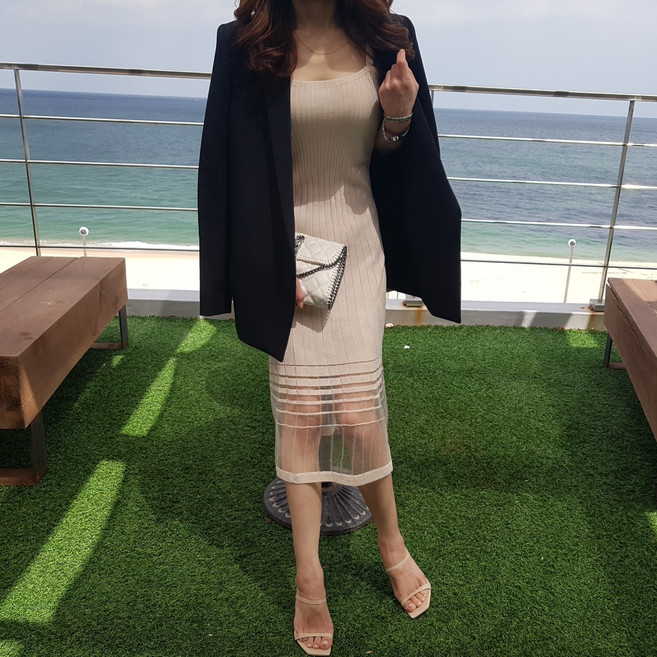 상상그이상 여성용 테이핑 민소매 슬림 골지 니트 원피스