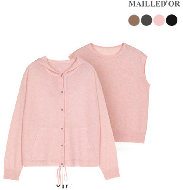 [마예도르] [홈쇼핑인기] 글리터 펄 후드가디건+슬리브리스 니트 SET