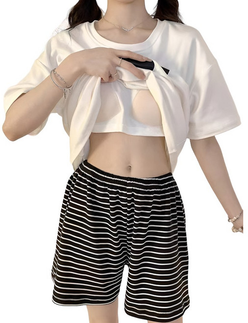 블랑커브 여성용 편안한 브라 캡내장 반팔 반바지 상하의 잠옷 세트 홈웨어