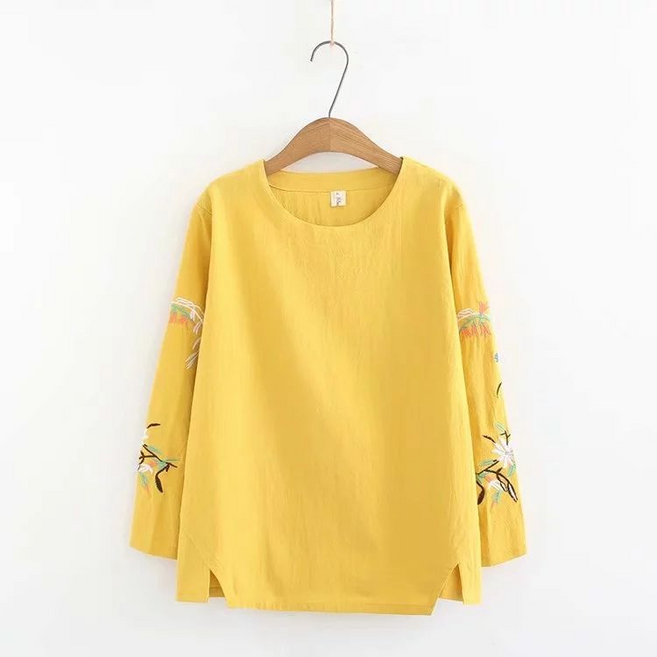 Makone 여성 순면 자수 긴팔 빅사이즈 베이직 루즈핏 티셔츠