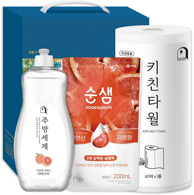 애경순샘 주방 용품 세제 구연산 자몽향 선물세트 24호 (주방세제 리필 + 자몽주방세제 용기 + 키친타월), 1개
