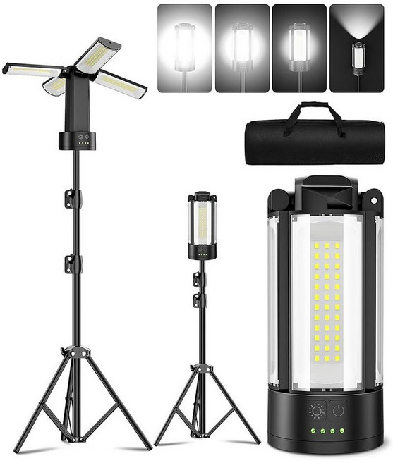 T-SUN 스탠드가 있는 충전식 캠핑 조명 LED 작업 조명 4100루멘 LED 램프 헤드 4개 탈착식 삼각대가 있는 작업 조명 최대 높이 170.2cm(67인치) 자, 블랙