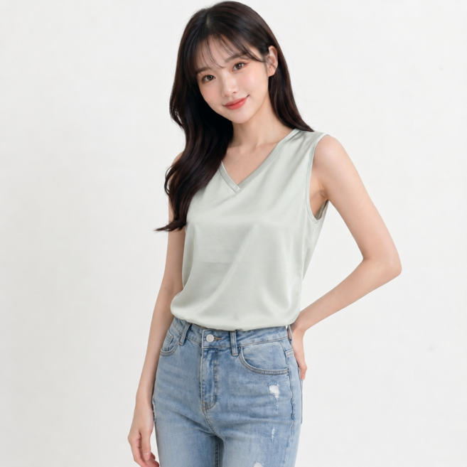 MS HOME 여성 실키 브이넥 민소매 블라우스 오피스 이너 나시