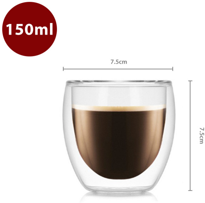 雙層隔熱玻璃杯 80ml 容量 6.5cm 寬 6cm 高, 150ml玻璃杯【無把】, 1個