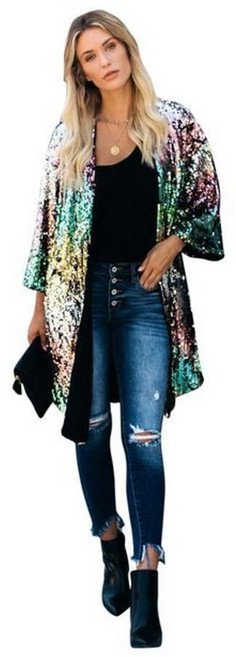 반짝이 스팽글 자켓 항목 오픈 스파클링 롱 코트 클럽 파티 여성 카디건 탑 봄 여성