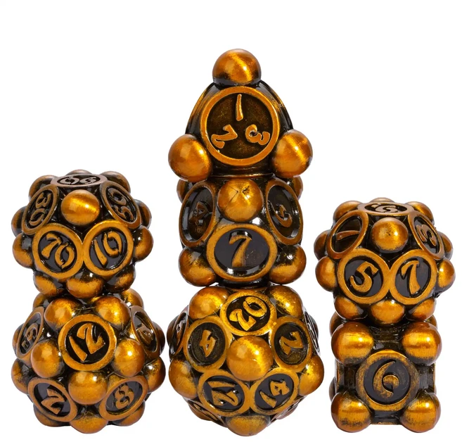 Cusdie 폴카 도트 금속 주사위 세트 DND D4-D20 던전 앤 드래곤 패스파인더 역할 놀이 보드 게임용 다면, 01 China Mainland, 09 Ancient Gold