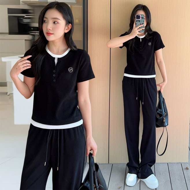 AREVI 여름 여성 트레이닝복세트 루즈핏 레저 빅사이즈 순색의 반팔 조거팬츠 투피스