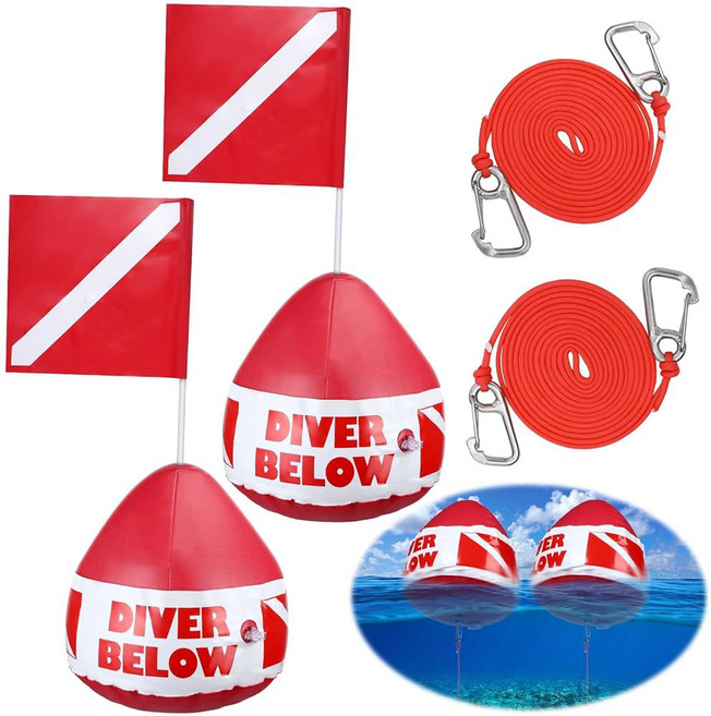 메이스 헤비 듀티 PVC 다이빙 깃발 플로트 프리다이빙 로프 세트 인플레이터 스노클링 수상 스포츠 프리다이빙 랜야드 목줄 포함 수영 보트 낚시 신호, 2