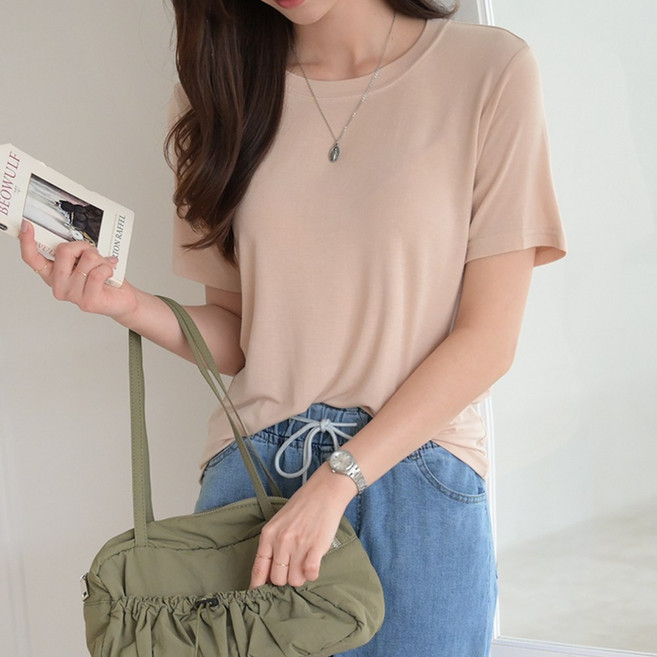 데일리앤 어센셜 시원한 레이온 라운드 여성 기본 얇은 여름 반팔 티셔츠