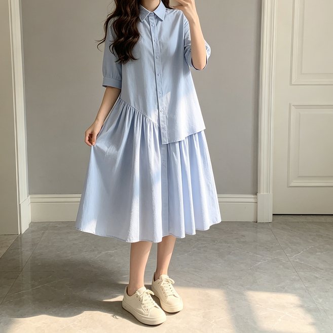 스타일닥터 여성 여름 셔츠형 A라인 원피스 데일리 심플 롱스커트