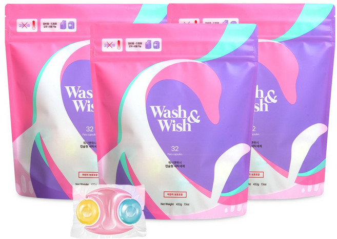워시앤위시 캡슐형 세탁세제 32개입 3팩, 3개