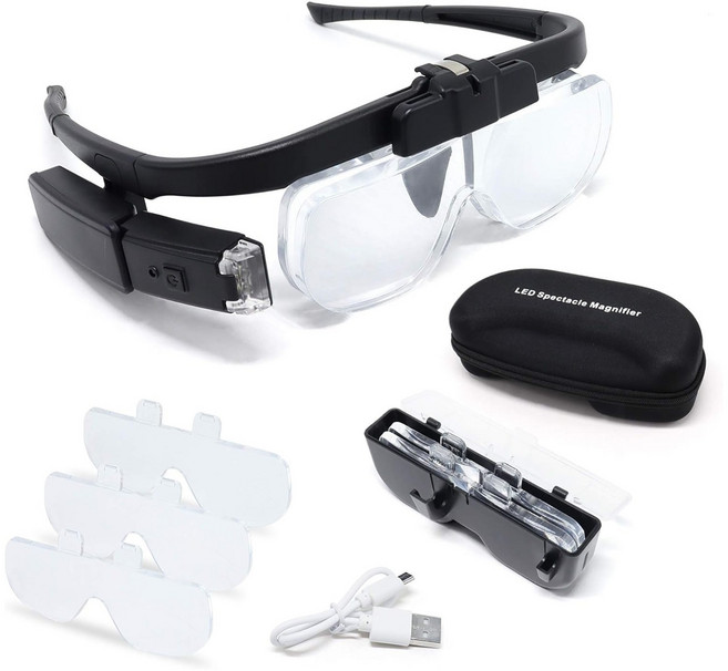 아이앤에이치 USB 충전식 안경 돋보기 LED조명 렌즈교체형, 1개, 블랙
