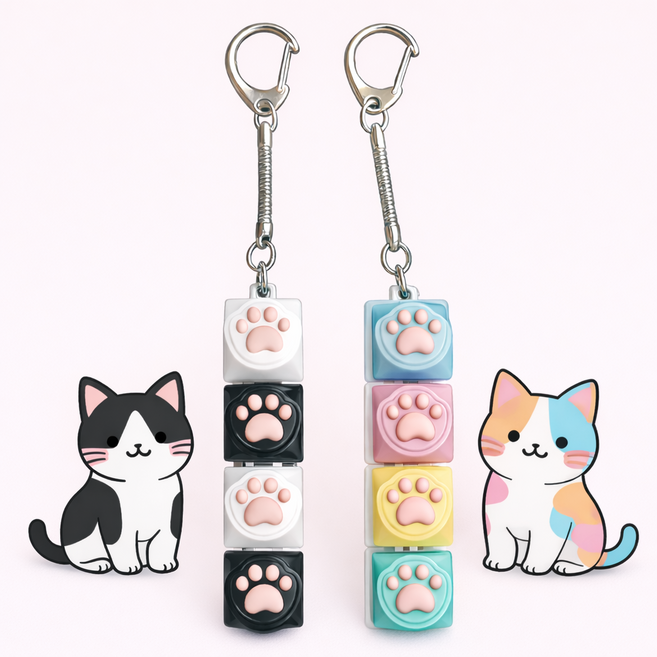 냥클릭 귀여운 고양이 발바닥 키캡 키링 딸깍이 피젯토이 스트레스해소 힐링템 4구, 1개, 컬러