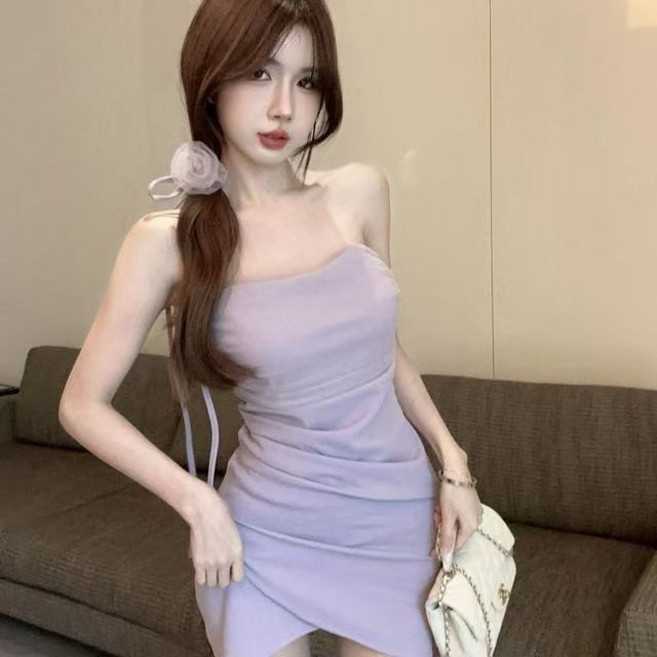 法式花朵抹胸連衣裙