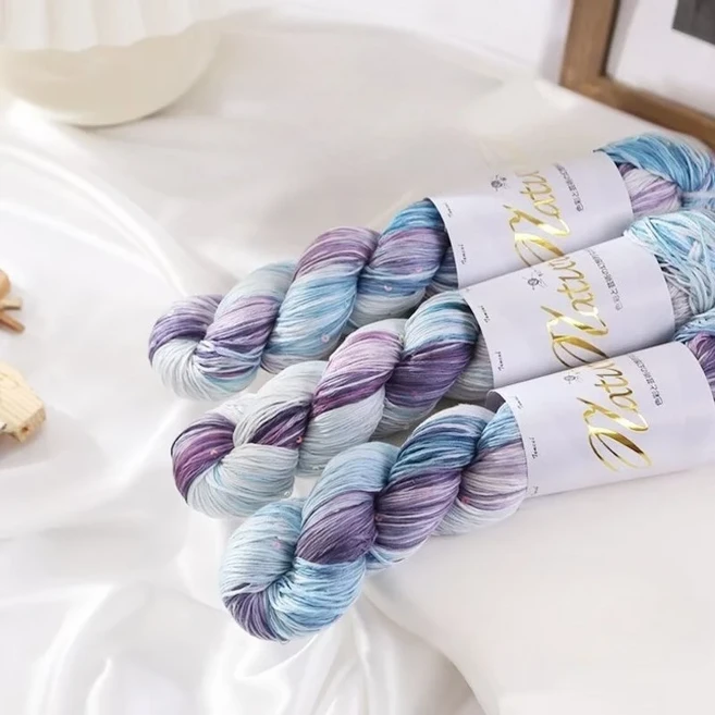 100g/롤 얇은 그라디언트 색상 텐셀 스팽글 여름을위한 손으로 염색 한 레이스 원사 목도리 스카프 300M 용, 09 Color 02, 1개