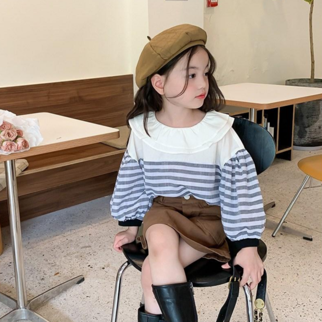 여누키즈 키즈 아동복 여아용 연잎 카라 줄무늬 긴팔 와이드 블라우스 100~150 긴소매 초등 중등 학생 성인 빅 카라 자매룩 촬영복