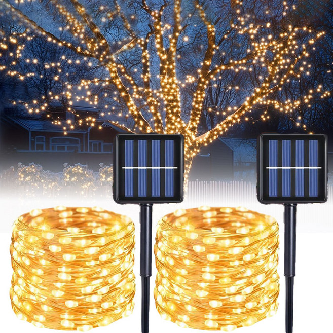 KELAKE 태양광 트리등 정원등 태양열 와이어 전구 200구 2개 LED 줄조명 22M+22M 아파트 베란다 펜스 웨딩 파티 장식 조명, 황광