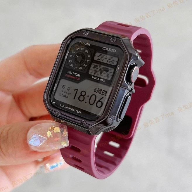 CASIO 適用 Apple Watch 錶帶 閃電扣 套裝款, 梅紅色+黑色鎧甲殼新款閃電扣,49mm-Ultra1/2/3, 1個