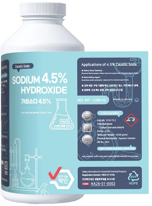 유니케미칼 가성소다 4.5% 수용액 수산화나트륨 배수구 하수구 클리너 기름때 제거 1리터, 1개, 1L
