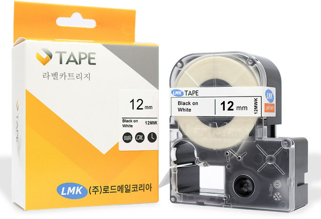 로드메일코리아 LMK 라벨프린터용 라벨테이프 카트리지, 12MWK  흰색바탕 + 검정글씨, 12mm