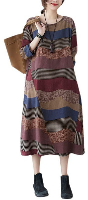 COSYEVNO 중년 엄마 면 마 원피스 봄 가을 라운드 빅 사이즈 루즈핏 패션 스트라이프 프린트 긴팔 미디 스커트 lyjmmcxlyq-21