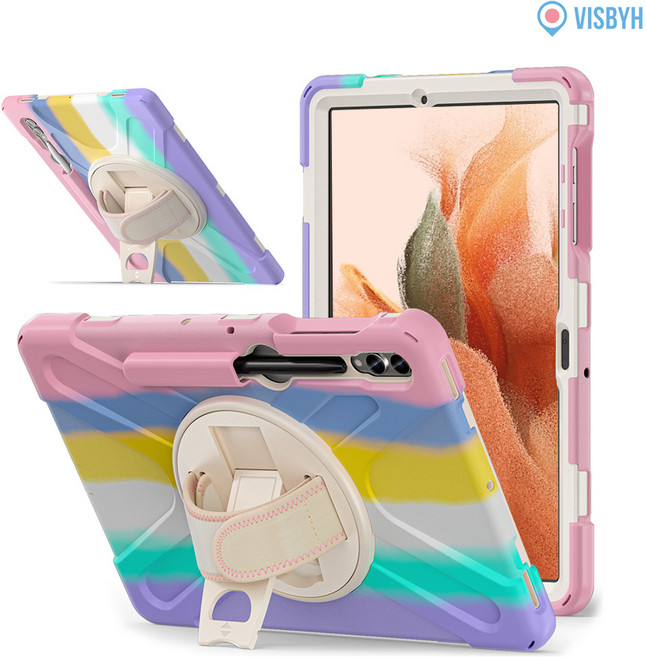 VISBYH 비스비 갤럭시탭 S7FE 러기드 스트랩 범퍼케이스 360도 회전 보호, 파스텔 레인보우, 1개