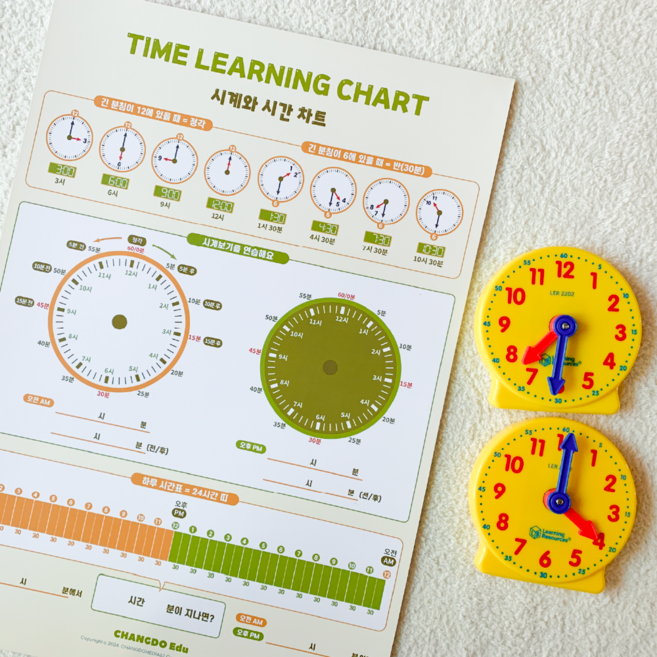 러닝리소스 시계 교구 모형 포스터 초등 유아 수학교구 시계공부 세트, 1개