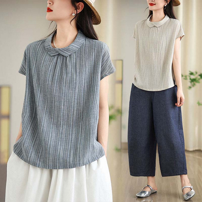 AOKADA 여성 린넨 반팔 셔츠 남방 여름 오버핏 7부소매