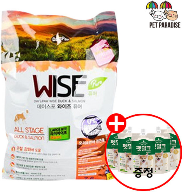 [펫파라다이스] 데이스포 와이즈 LB라지바이트 7.6kg + 에버그로 펫밀크 눈&관절 150ml 5개, 1개, 연어+오리