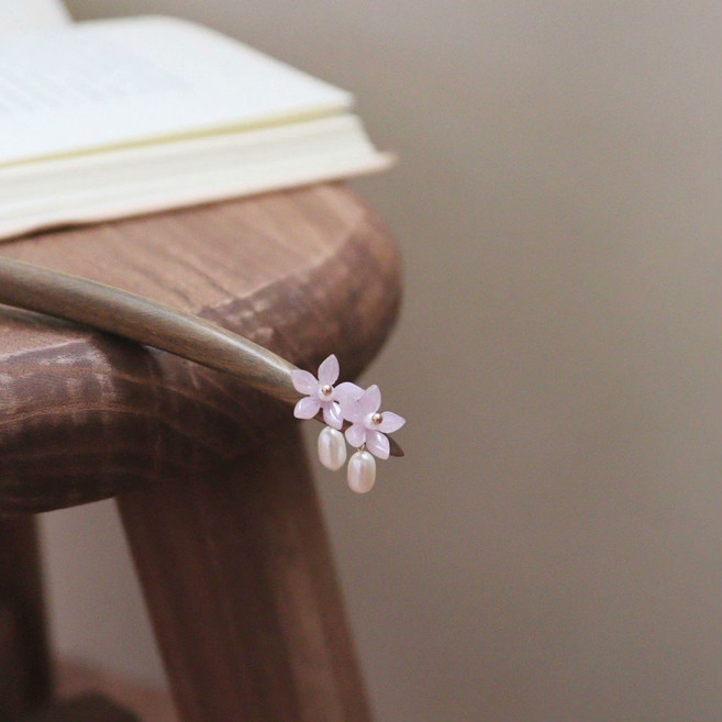 中式復古手工紫藤花流蘇髮簪 綠檀木髮釵