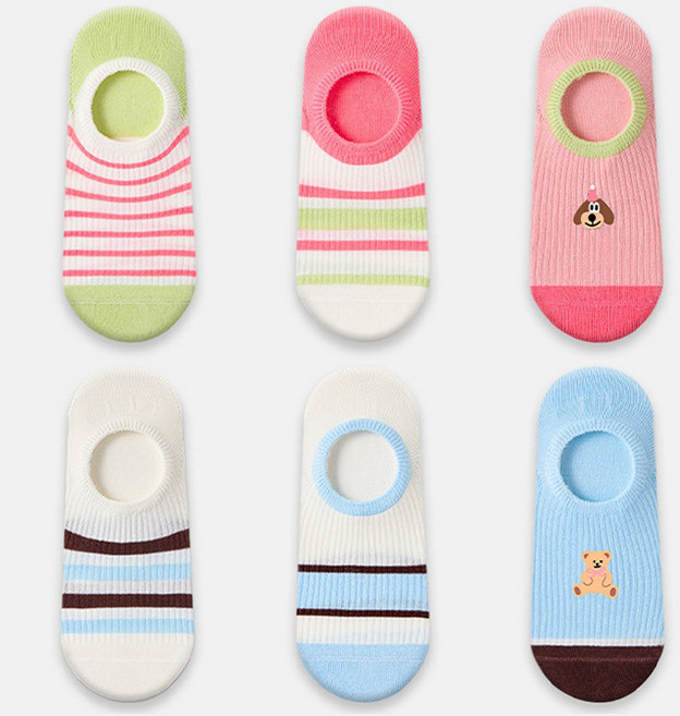 Amnesia cat 여성용 여름용 얇은 양말 무봉제 덧신 논슬립 페이크삭스 패션 면양말 6족 세트