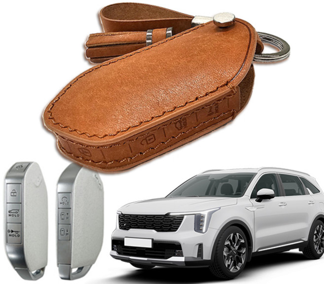 2026 더뉴 쏘렌토 이태리 가죽 스마트 키케이스 키홀더 각인, 02_기아09(7버튼), 03_머스터드+골드, 01_태슬장식 유+각인 유