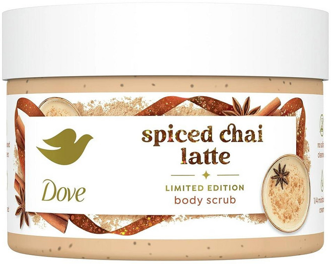 Dove 각질 제거 바디 스크럽 - 스파이스 차이 라떼 딥 영양 제거제 ¼ 모이스처라이징 크림 297.7g(10.5온스), 297.7g