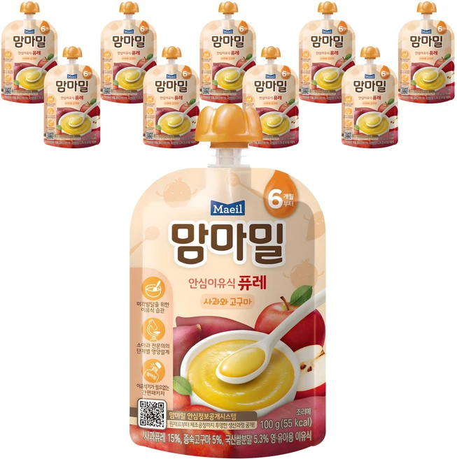 맘마밀 안심 이유식 퓨레 6개월부터, 100g, 10개, 사과와 고구마 - 쿠팡