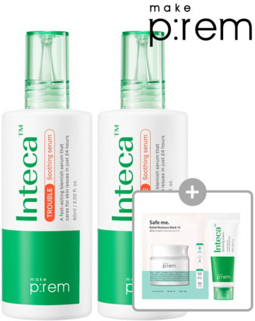 [메이크프렘] [안심팩 3매] 인테카 트러블 수딩 세럼 60ml 2개 [GIFT]인테카크림20ml